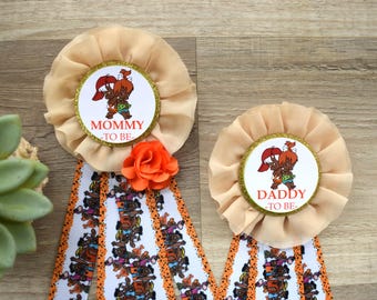 Flintstone Baby Shower, Picapiedra Parent Corsage Pins, Mommy To Be Ribbon, Daddy To Be Badge Pin