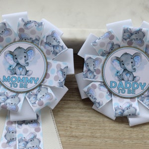Blue Elephant Safari Baby Shower, Blue Boy Elephant Corsage Pins, Mommy To Be Ribbon, Daddy To Be Badge Pin