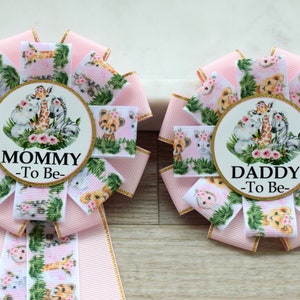 Girl Safari Baby Shower, Pink Parent Corsage Pins, Mommy To Be Ribbon, Daddy To Be Badge