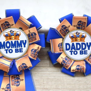 Blue Royal Prince Baby Shower, Royal Parent Corsage Pins, Mommy To Be Ribbon, Daddy To Be Badge Pin