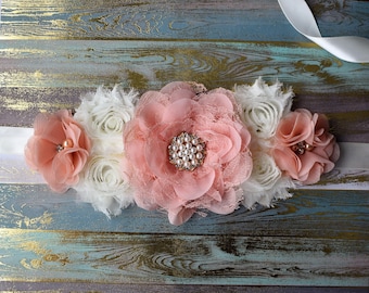 Coral yellow white pink Sash fall sash flower Belt maternity sash Coral yellow white pink Sash fall sash flower Belt maternity sash