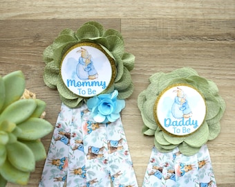 Blue Rabbit Baby Shower, Boy Easter Rabbit Corsage Pins, Mommy To Be Ribbon, Daddy To Be Badge Pin