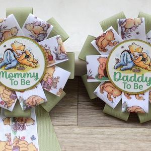 Winnie The Pooh Baby Shower, Classic Winnie Parent Corsage Pins, Mommy To Be Ribbon, Daddy To Be Badge