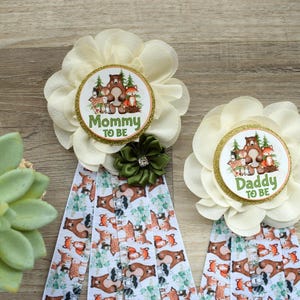 Neutral Woodland Animal Baby Shower, Woodland Parent Corsage Pins, Mommy To Be Ribbon, Daddy To Be Badge Pin