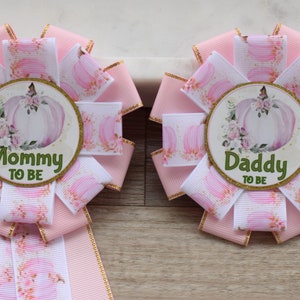 Girl Pumpkin Baby Shower, Pink Blush Parent Corsage Pins, Mommy To Be Ribbon, Daddy To Be Badge