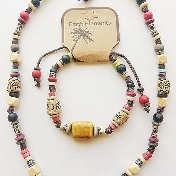 Cancun Beach Earth Elements Necklace Bracelet, Spiritual Beaded Surfer Men's Jewelry