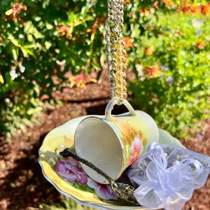 Hanging Demitasse Teacup Bird Feeder Upcycled Vintage Lefton Hand Painted
