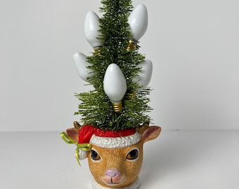 Kitschy Reindeer Bottle Brush Christmas Tree  • Vintage-Style Holiday Decor • 10”