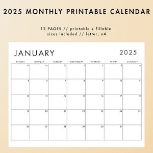 2025 Monthly Calendar,  DIGITAL DOWNLOAD, Horizontal, Minimal Fill in Calendar, Modern Calendar, 12 Month Calendar, Blank, Fillable PDF