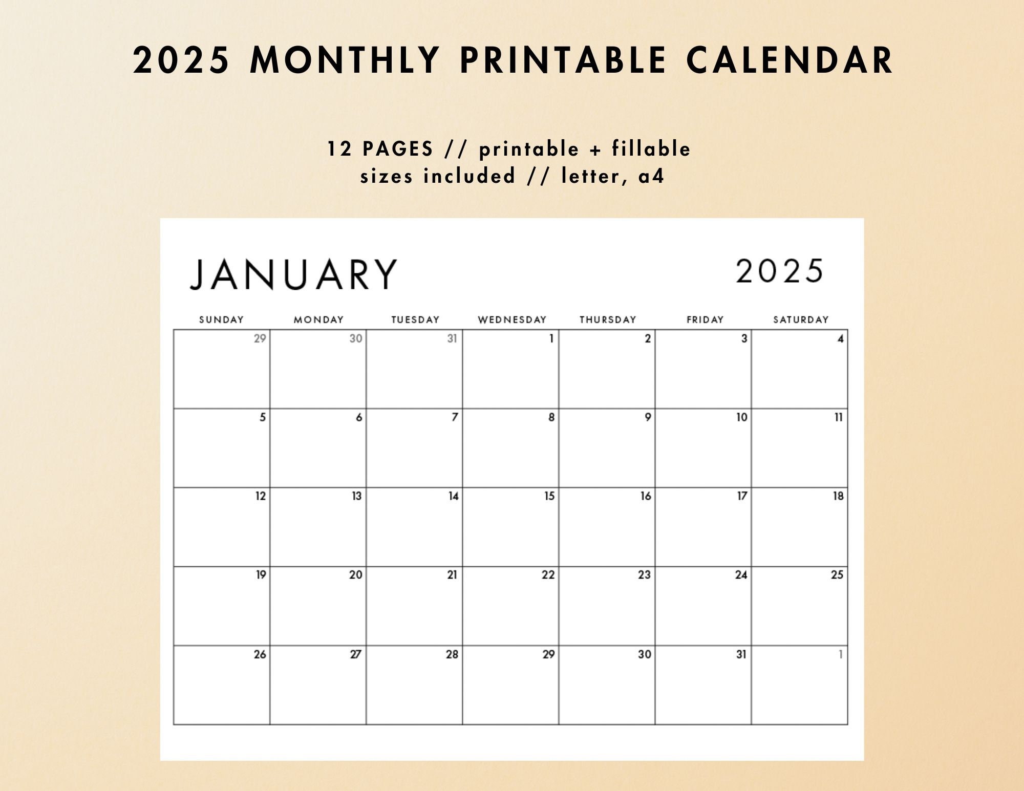 2025 Monthly Calendar, Horizontal, Minimal Fill in Calendar, Modern