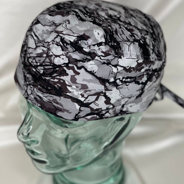 Tie Back - Gray Camo Scrub Cap