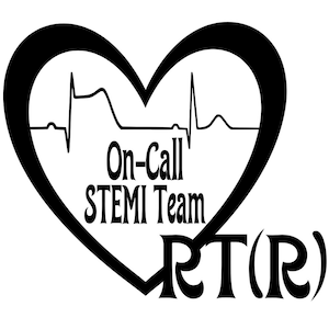 May include: Black and white graphic of a heart with a stylized EKG line inside. The text "On-Call STEMI Team RT(R)" is below the heart.