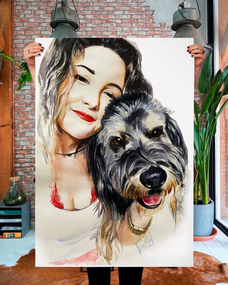 Watercolor Pet and Owner Painting From Photoportrait of Dog Etsy
