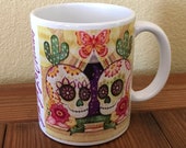 COFFEE MUG 11 oz, Day of the Dead, 2-sided, Couple Sugar Skulls, Gloss White Mug, Dia de Los Muertos Mexican Tradition Gift