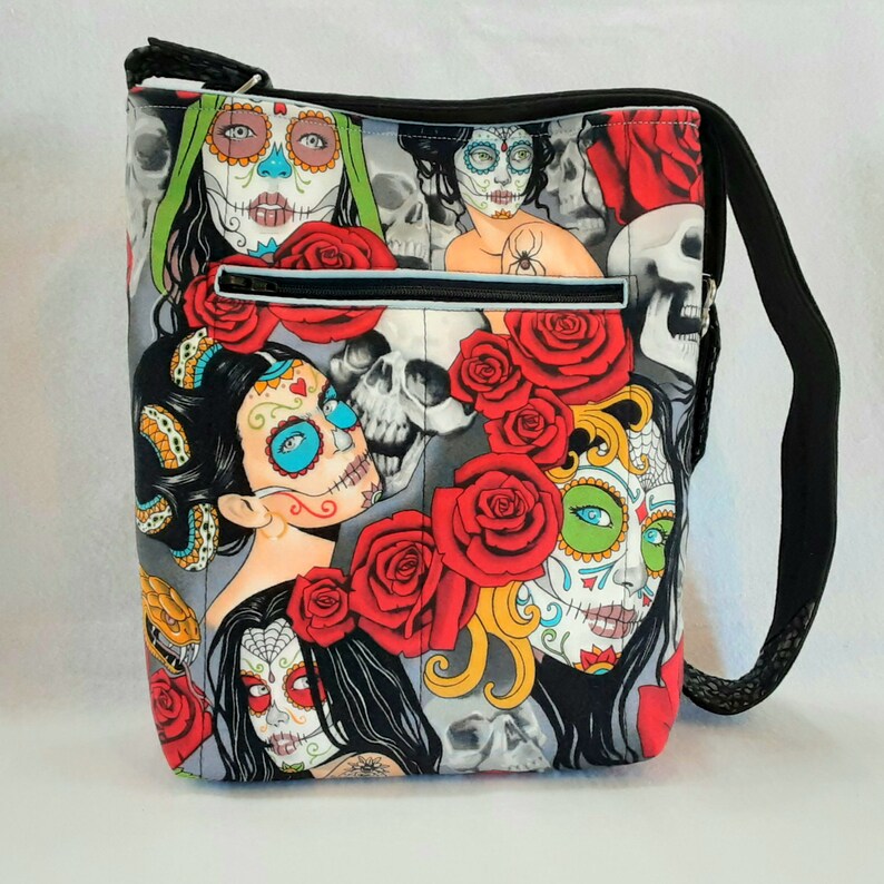 Adjustable Strap Snake Day of the Dead Red Roses Crossbody Purse Fabric Tattoos Sugar Skulls Black Medium size