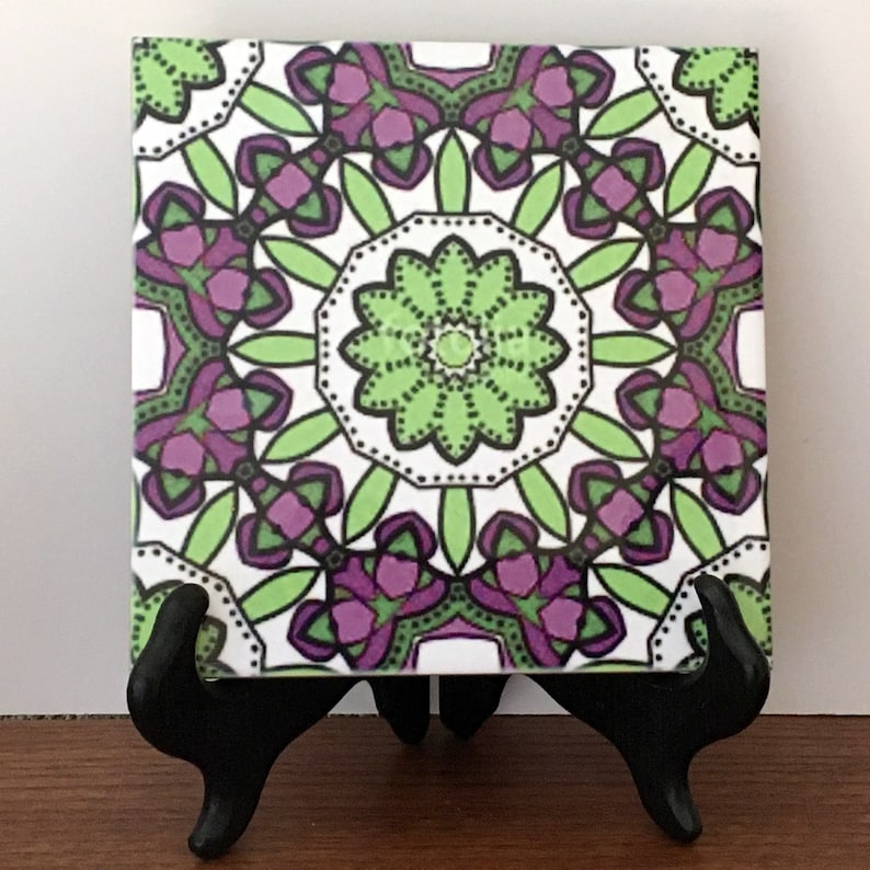 Art Deco Design in Green /& Purple on white Ceramic Trivet 6 Cork back Gift Art Tile