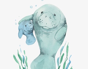 Impression d'art numérique maman et bébé lamantin, oeuvre d'art imprimable, impression lamantin, cadeau maman, cadeau fête des mères, cadeau baby shower, impression chambre d'enfant