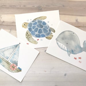Whale and Sailboat Watercolor Set Nautical Nursery Baby Whale Nursery Decor Nursery Decor Fine Art Print Wall Art Kids Bathroom Decor