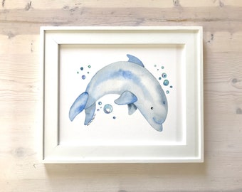 Aquarelle de dauphin, Art mural dauphin, Décor nautique, Créature marine, Animaux océaniques, Art des baleines, Pépinière nautique