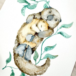 Mama and Baby Sea Otter Watercolor Print, Sea Otter Artwork, Sea Otter Wall Art, Nautical Wall Art, Ocean Art, Sea Creature Wall Art