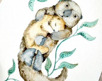 Mama and Baby Sea Otter Watercolor Print, Sea Otter Artwork, Sea Otter Wall Art, Nautical Wall Art, Ocean Art, Sea Creature Wall Art