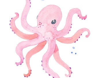 Pink Octopus Watercolor Print, Octopus Wall Art,  Nautical Nursery Art Print, Under the Sea Wall Art , Ocean Creatures Wall Art