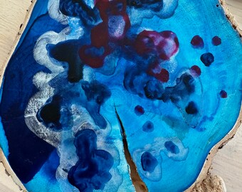 Tableau abstrait couleur, oeuvre d'art mural boisé, peinture sur bois, peinture sur tranches de bois, aquarelle, tableau bleu