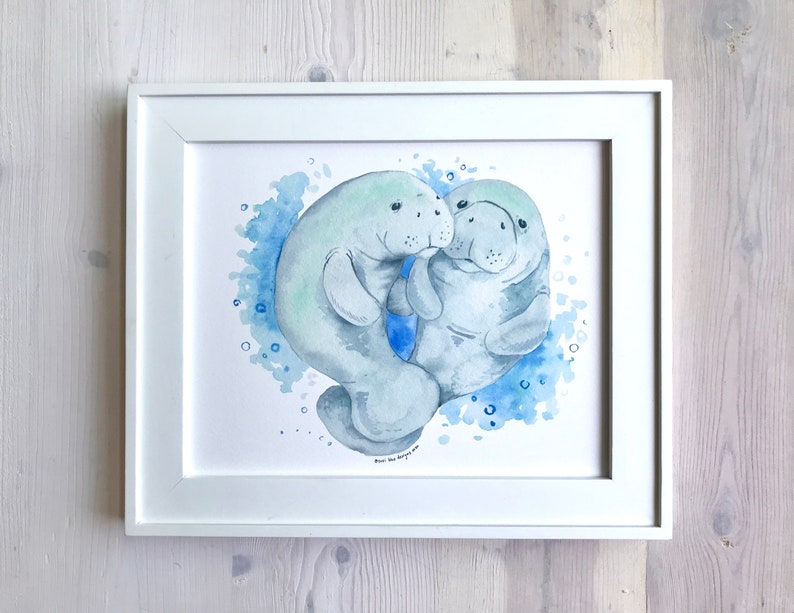 Manatee Watercolor Two Manatees Manatee Art Manatee Wall Etsy