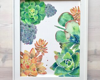 Succulent Garden Art Print Succulent Decor Succulent Wall Art Home Decor Watercolor Print Nature Print