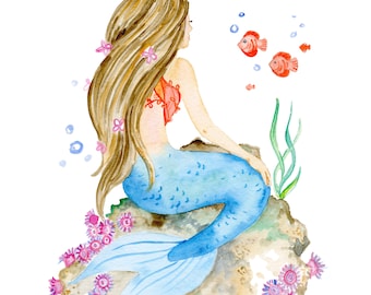 Sitting Mermaid Watercolor Mermaid with Brown Hair, Nautical Wall Art, Mermaid Wall Art, Ocean Wall Art