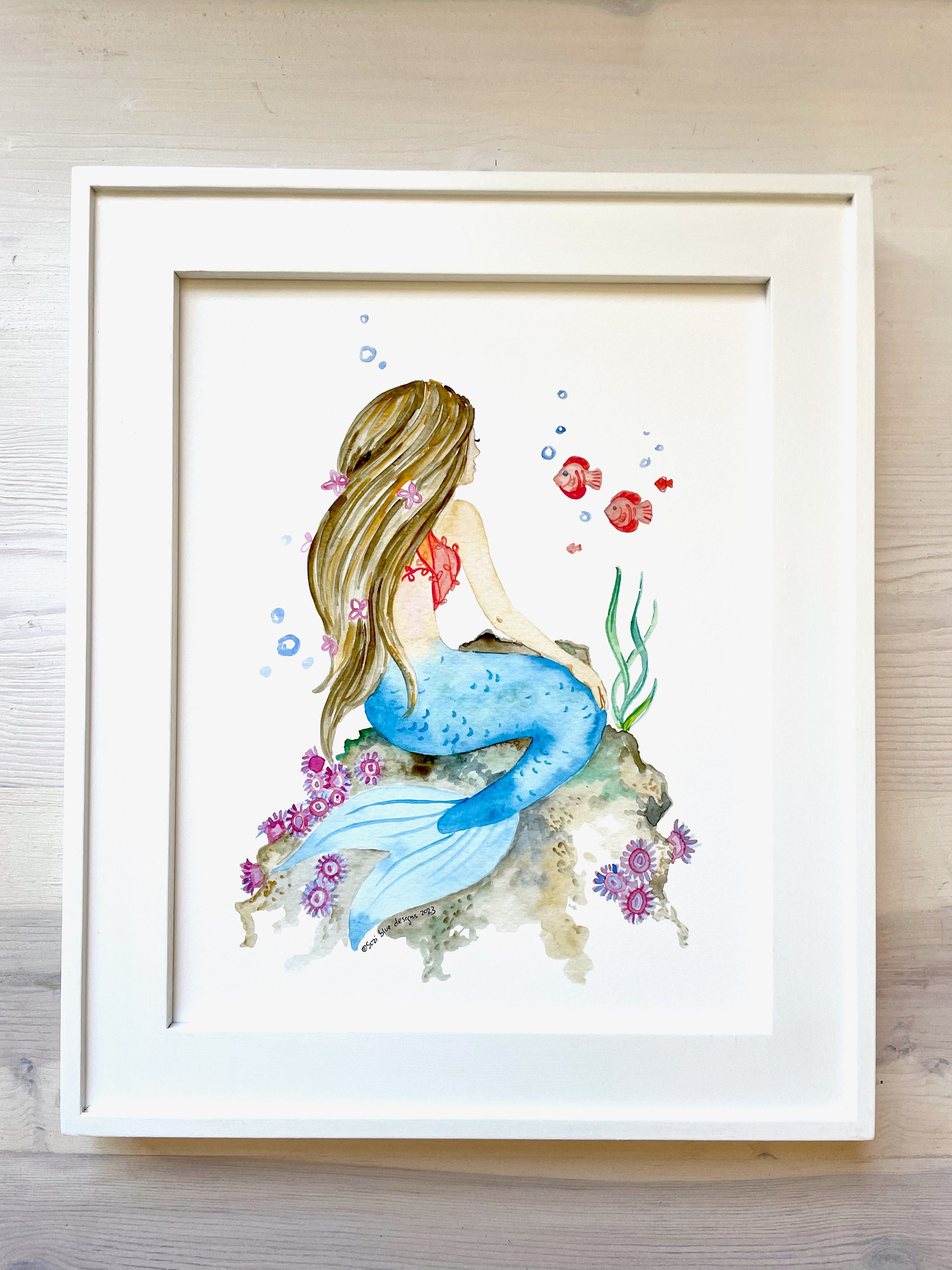 Sitting Mermaid Watercolor Mermaid With Brown Hair, Nautical 