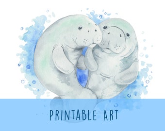 Manatee Digital Art Print, Printable Art, Manatee Print,  Nautical Print, Manatee Watercolor, Nautical Watercolor, Ocean Art, Ocean Animals