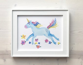 Bebê unicórnio aquarela menina berçário unicórnio arte de parede quarto de menina decoração de unicórnio arco-íris impressão de unicórnio
