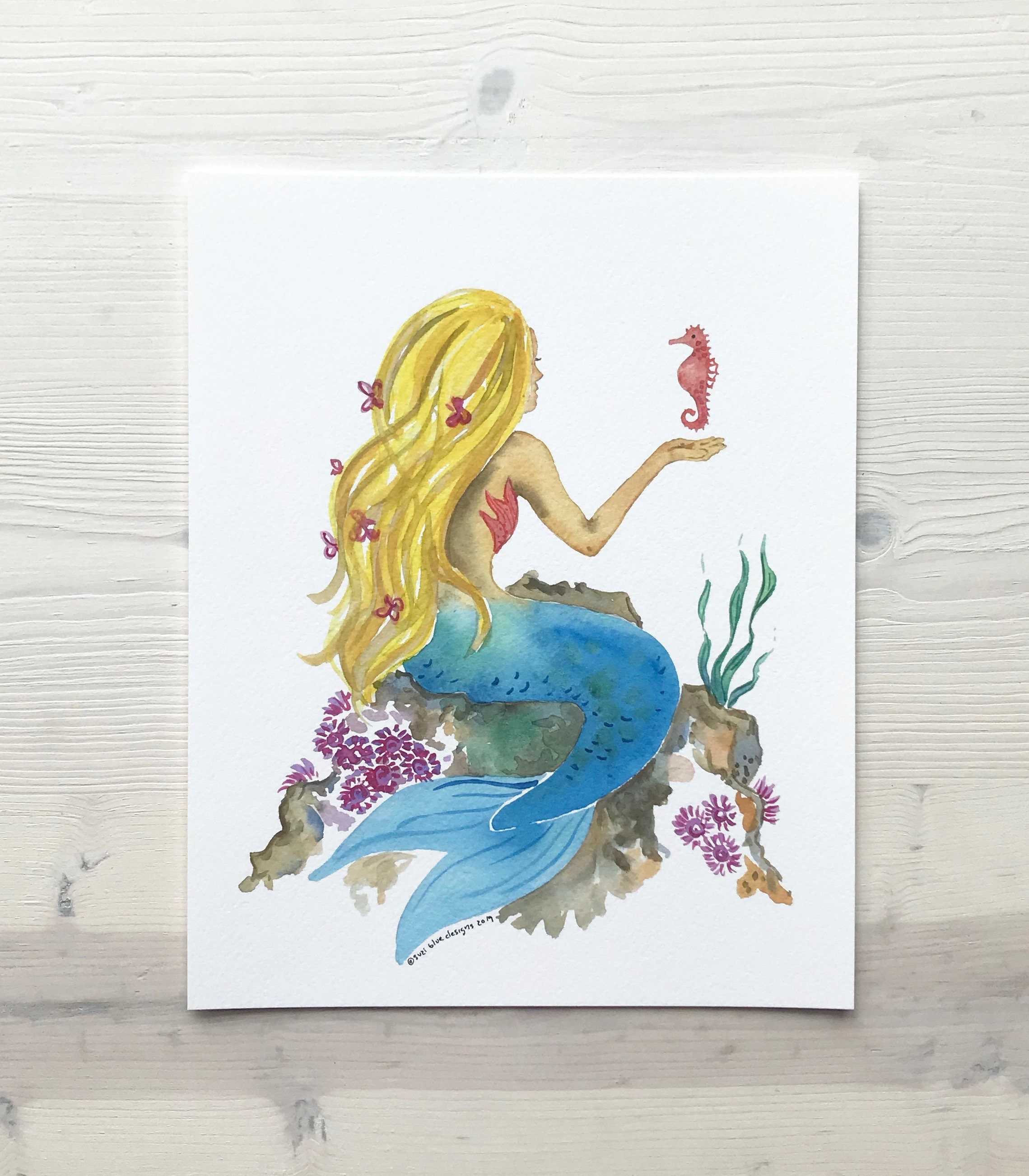 Sitting Mermaid Watercolor Mermaid Decor Girl Room Decor | Etsy