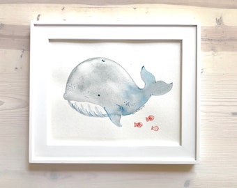 Whale Watercolor Fine Art Print Under The Sea Beach Decor Nursery Decor Nautical Nursery Whale Print Baby Whale Kids Bathroom Art