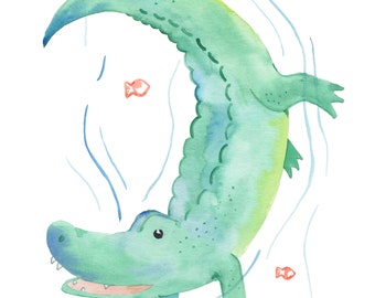 Aquarelle alligator, art mural Safari, décoration de chambre de bébé Safari, impression alligator, peinture alligator, oeuvre d'art alligator