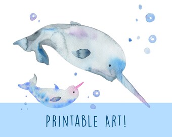 Narval téléchargeable Art Print fête des mères cadeau océan Animal baleine impression décor nautique baleine Wall Art océan Art maman cadeau