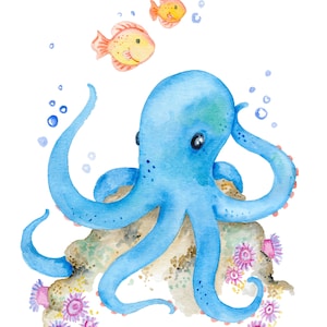 Octopus Reef Watercolor Print, Octopus Artwork, Octopus Wall Art, Nautical Wall Art, Ocean Art, Sea Creature Wall Art, Octopus Decor