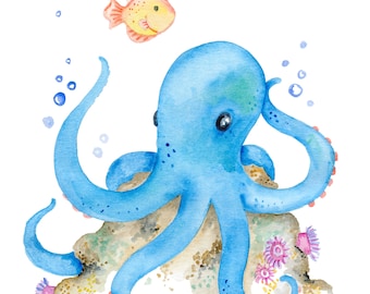 Octopus Reef Watercolor Print, Octopus Artwork, Octopus Wall Art, Nautical Wall Art, Ocean Art, Sea Creature Wall Art, Octopus Decor