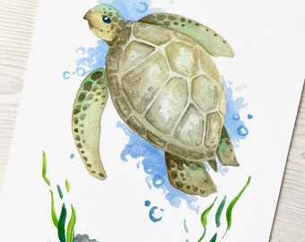 Impression aquarelle de tortue de mer, Œuvre d’art de tortue de mer, Art mural nautique, Art mural de pépinière nautique, Art de mur d’océan, Art de pépinière océanique