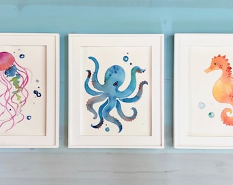 Under the Sea Watercolor Print Set of Three, Sea Creature Wall Art, Beach Decor, Ocean Animal Art,  Nautical Nursery Wall Art
