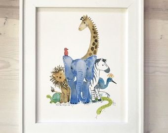 Safari Animals Nursery Print Safari Nursery Wall Art Zoo Nursery Decor Personalized Art Baby Shower Gift