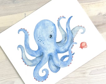 Octopus Original Watercolor, Octopus Watercolor Print, Ocean Creatures, Ocean, Ocean Animals, Octopus Painting, Nautical Nursery Art