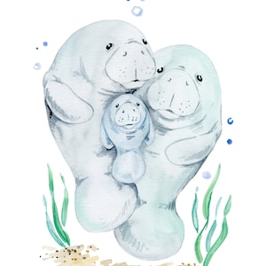 Manatee Family Watercolor, Original Watercolor Print, Nursery Wall Art, Mother&#39;s Day Gift, First Baby Gift, Nautical Nursery Wall Art