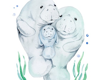 Manatee Family Watercolor, Original Watercolor Print, Nursery Wall Art, Mother's Day Gift, First Baby Gift, Nautical Nursery Wall Art