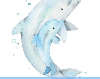 Maman et bébé dauphin impression d'Art numérique, Art imprimable, impression de dauphin, impression nautique, aquarelle de dauphin, cadeau de fête des mères, animaux de l'océan