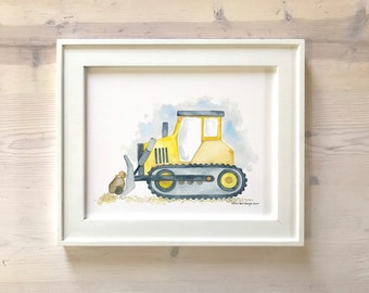 Impression aquarelle bulldozer, art mural de pépinière de construction, art de crèche pour garçons, art mural de pépinière, cadeau de douche de bébé