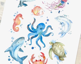 Sea Creature Watercolor Fine Art Poster, Sea Creature Wall Art, Nautical Wall Art, Ocean Animal Wall Art