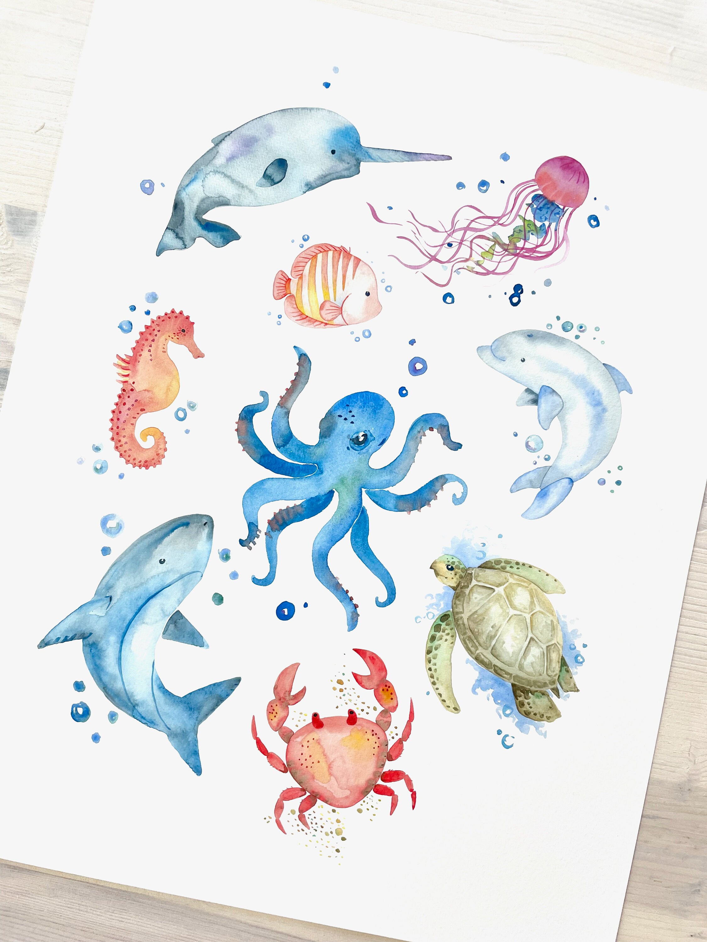Sea Creature Watercolor Fine Art Poster, Sea Creature Wall Art, Nautical Wall Art, Ocean Animal Wall Art