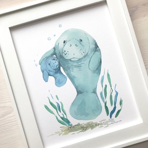 Mama and Baby Manatee Watercolor, Fine Art Print, Manatee Print, Mothers Day Gift, Personalized Gift,  Nautical Nursery, First Mother&#39;s Day